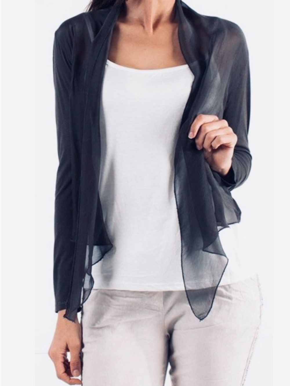 Gigi Moda Black Sheer Silk/Viscose Open-Front Women's Cardigan